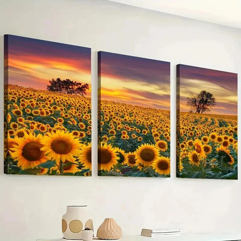 3pcs Sunflower Field Sunset Décor Perfect Wall Art Set Canvas Framed 40x60cm - High Quality Print 100% Australian Made Wall Canvas Ready to Hang