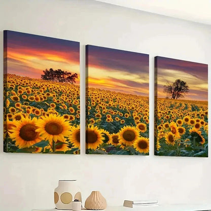3pcs Sunflower Field Sunset Décor Perfect Wall Art Set Canvas Framed 40x60cm - High Quality Print 100% Australian Made Wall Canvas Ready to Hang