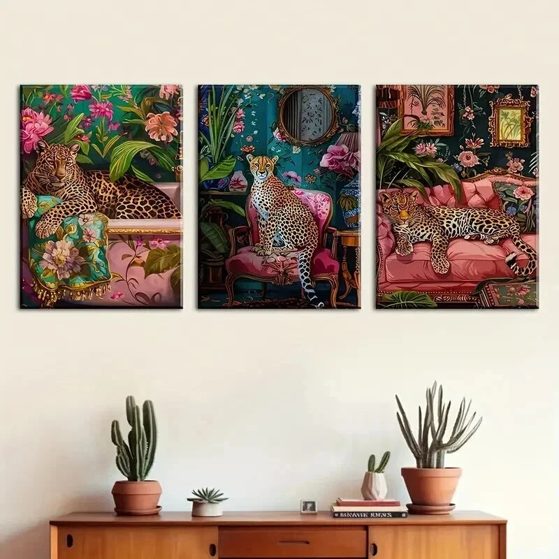 3pcs Three Cheetah Stylish Murals Perfect Wall Art Set Canvas Framed 50x70cm - High Quality Print 100% Australian Made Wall Canvas Ready to Hang