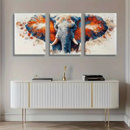 3pcs Vibrant Orange & Blue Elephant Metal Print Ready to Hang Art
