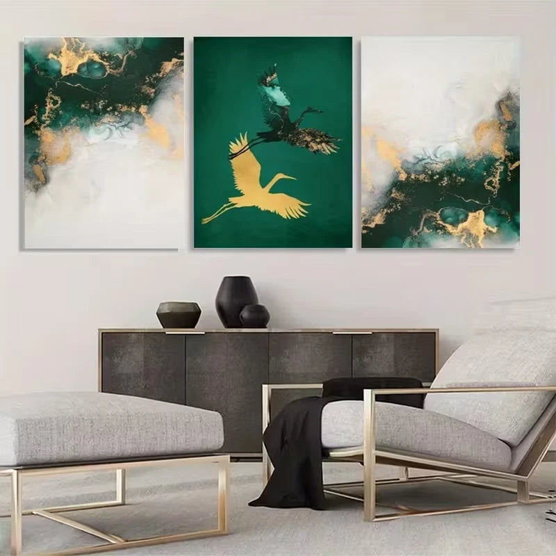 3pcs Jade Green and Golden Fluid Ink Abstract Wall Art Set Canvas Framed 50x70cm - High Quality Print 100% Australian Made Wall Canvas Ready to Hang