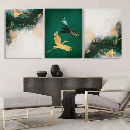 3pcs Jade Green and Golden Fluid Ink Abstract Wall Art Set Canvas Framed 50x70cm - High Quality Print 100% Australian Made Wall Canvas Ready to Hang