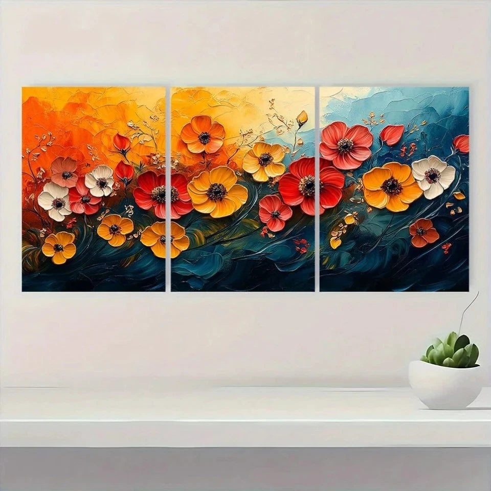 3pcs Vibrant Floral Abstract Red Green Metal Print Ready to Hang Art