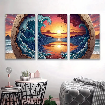 3pcs Vibrant Sunset Ocean Waves Design Wall Art Set Canvas Framed 40x60cm - High Quality Print 100% Australian Made Wall Canvas Ready to Hang