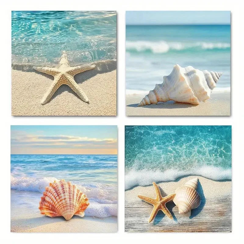 4pcs Seashells, Starfish & Ocean Waves Wall Art Canvas Framed