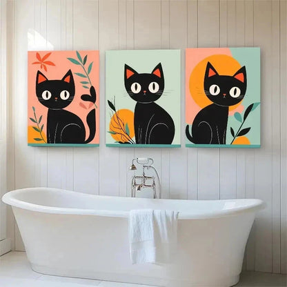 3pcs Adorable Black Cat Aesthetic Color Perfect Wall Art Set Canvas Framed 40x60cm - High Quality Print 100% Australian Made Wall Canvas Ready to Hang