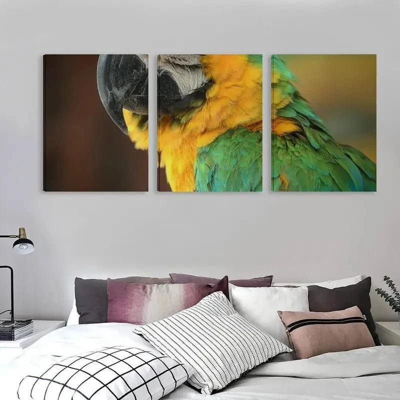 3pcs Vibrant Feathers Of The Green Macaw  Wall Art Set Canvas Framed 60x90cm - High Quality Print 100% Australian Made Wall Canvas Ready to Hang