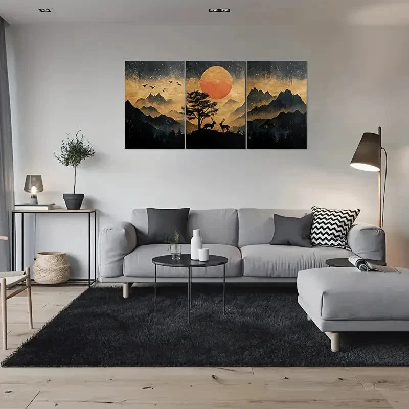 3pcs Golden Sunset Mountain Moonlit Sky Metal Print Ready to Hang Art
