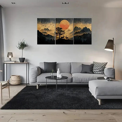 3pcs Golden Sunset Mountain Moonlit Sky Metal Print Ready to Hang Art