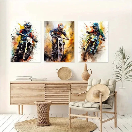 3pcs Watercolor Style Motocross Action Metal Print Ready to Hang Art