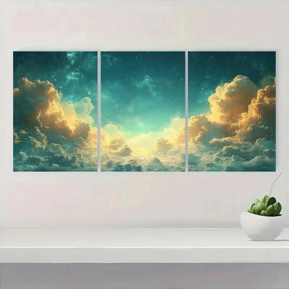 3pcs Teal & Golden Clouds Design T Wall Art Set Canvas Framed 40x60cm - High Quality Print 100% Australian Made Wall Canvas Ready to Hang