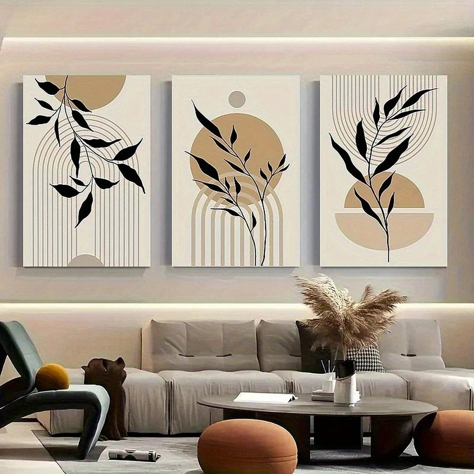 3pcs Abstract Black Leaf Line Geometric Pattern Metal Print Ready to Hang Art