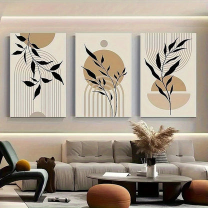 3pcs Abstract Black Leaf Line Geometric Pattern Metal Print Ready to Hang Art