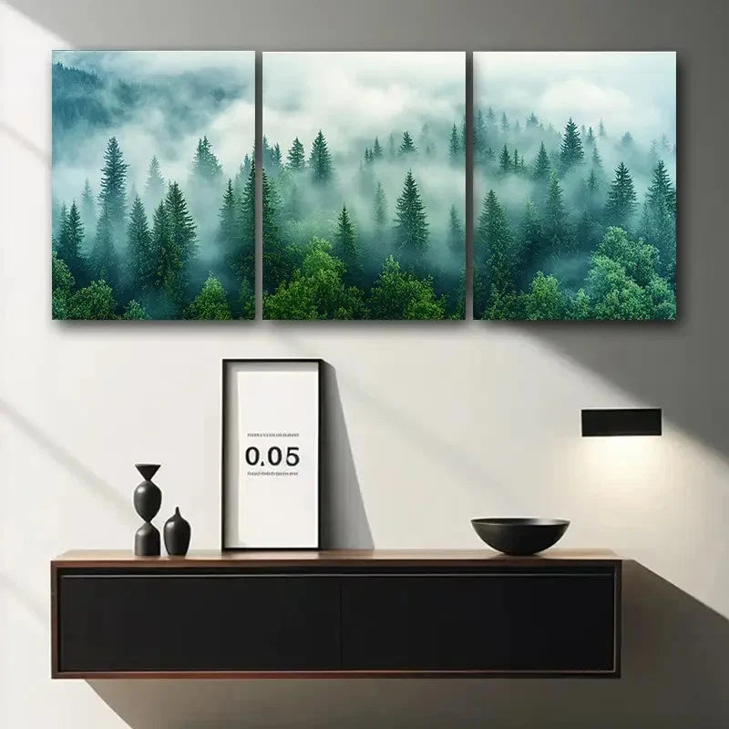 3pcs Foggy Forest Snow Capped Metal Print Ready to Hang Art