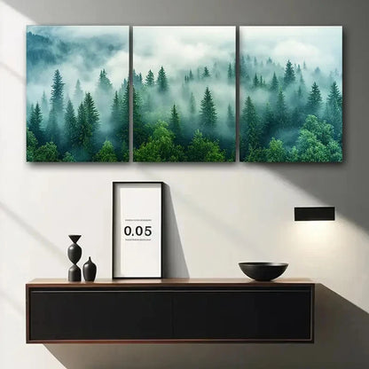 3pcs Foggy Forest Snow Capped Metal Print Ready to Hang Art