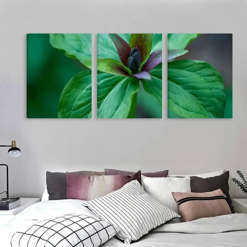 3pcs Vibrant Green Leaves & Purple Flower Bud Wall Art Set Canvas Framed 40x60cm - High Quality Print 100% Australian Made Wall Canvas Ready to Hang