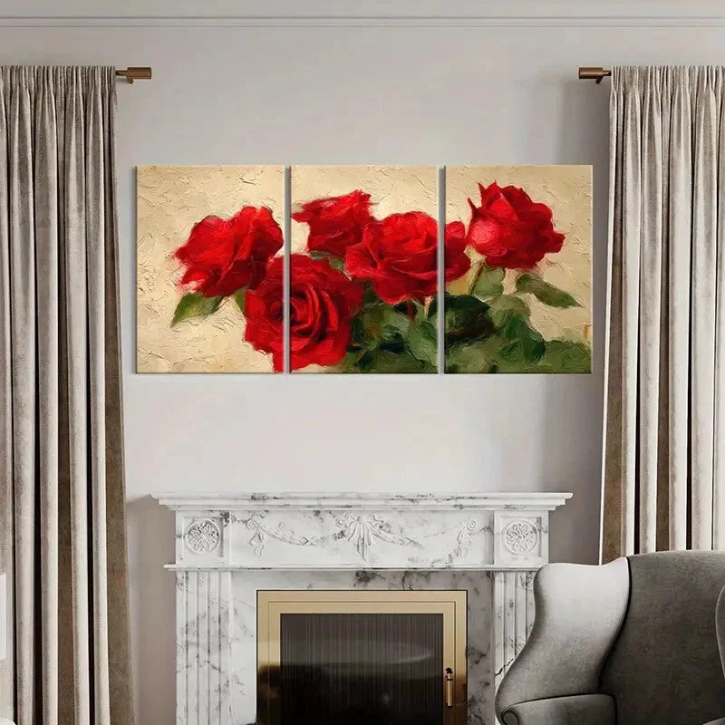 3pcs Red Roses Floral Art Romantic Metal Print Ready to Hang Art