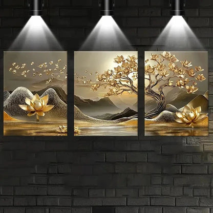 3pcs Golden For Lotus Tree Of Life Perfect Wall Art Set Canvas Framed 40x60cm - High Quality Print 100% Australian Made Wall Canvas Ready to Hang