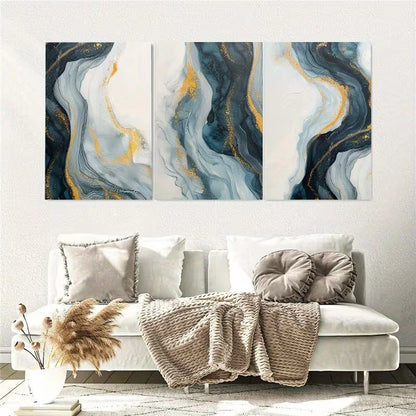 3pcs Golden and Blue Wavy Lines Wall Art Set Canvas Framed 40x60cm – High Quality Print, 100% Australian Made, Ready to Hang