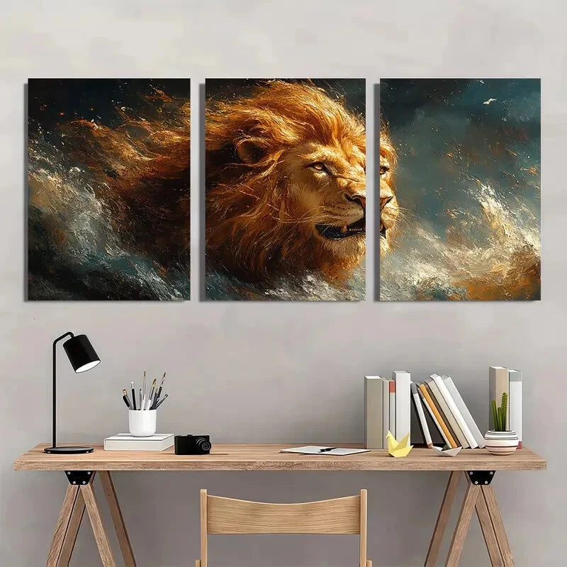 3pcs Lion Psalm Scripture Oil Painting Metal Print Ready to Hang Art