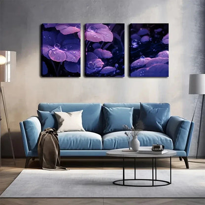 3pcs Purple Leaves Dotted Water Drop Perfect Wall Art Set Canvas Framed 40x60cm - High Quality Print 100% Australian Made Wall Canvas Ready to Hang