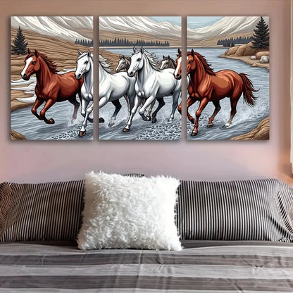 3pcs Dynamic Running Horses In A River Poster Wall Art Set Canvas Framed 40x60cm - High Quality Print 100% Australian Made Wall Canvas Ready to Hang