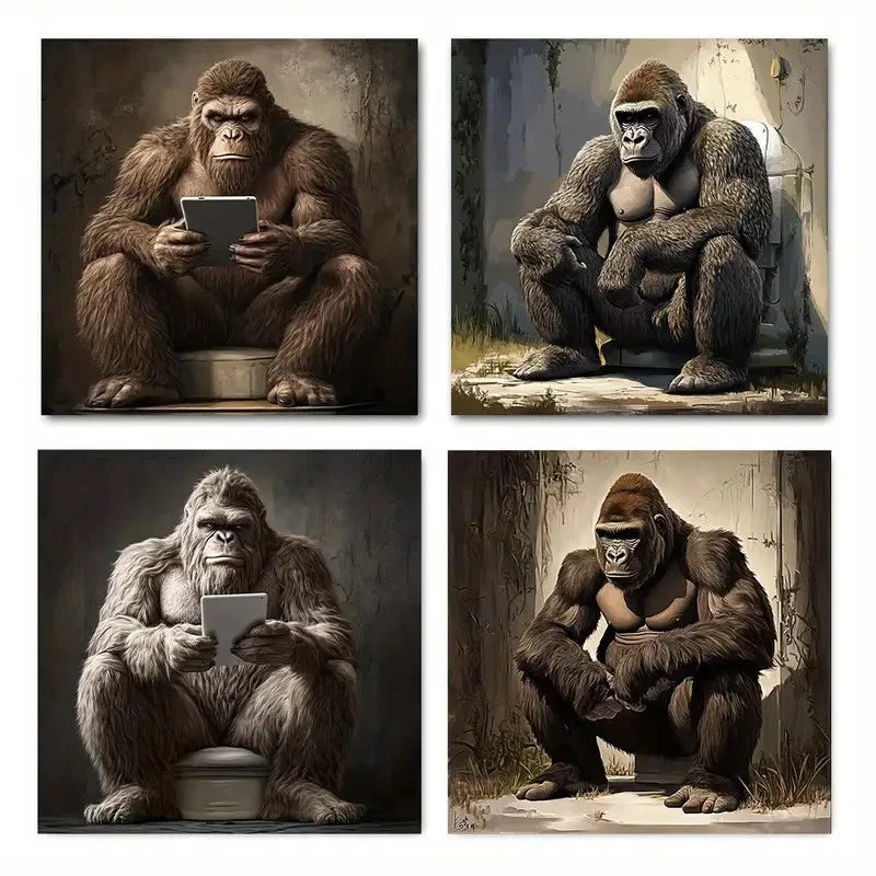 4pcsFunny Gorilla in the BathroomWall Art Canvas Framed