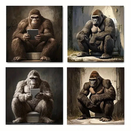 4pcsFunny Gorilla in the BathroomWall Art Canvas Framed