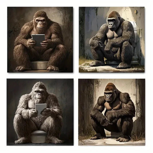4pcsFunny Gorilla in the BathroomWall Art Canvas Framed