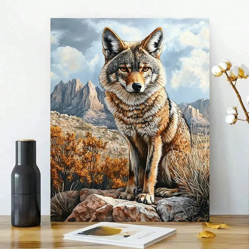 Realistic Painting of a Coyote in The Rocky Desert 40x60cm Metal Print Ready to Hang