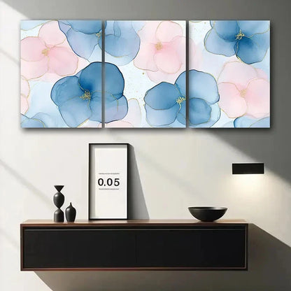 3pcs Pastel Blue Lilac Marble with Golden Accents Metal Print Ready to Hang Art