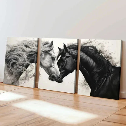 3pcs Black & White Horses Love Abstract Horses Wall Art Set Canvas Framed 40x60cm - High Quality Print 100% Australian Made Wall Canvas Ready to Hang
