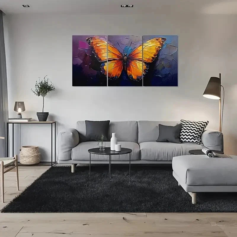 3pcs Vibrant Orange Black & Purple Butterfly Metal Print Ready to Hang Art