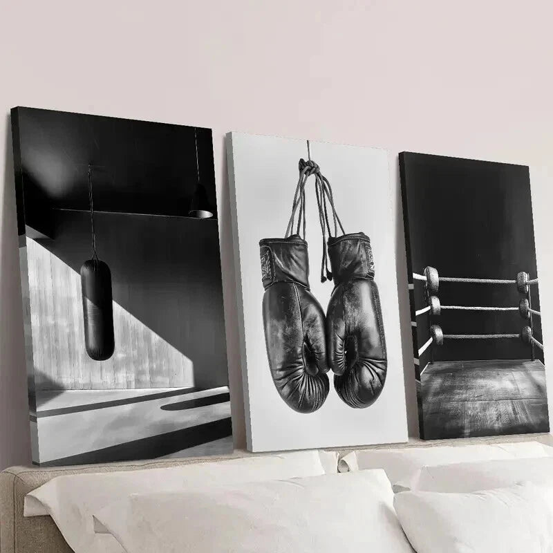 3pcs Black And White Boxing Ring Bag & Gloves Wall Art Set Canvas Framed 40x60cm - High Quality Print 100% Australian Made Wall Canvas Ready to Hang