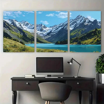 3pcs Illustrated Mountain & Glacier Land Perfect Wall Art Canvas Framed 60x90cm