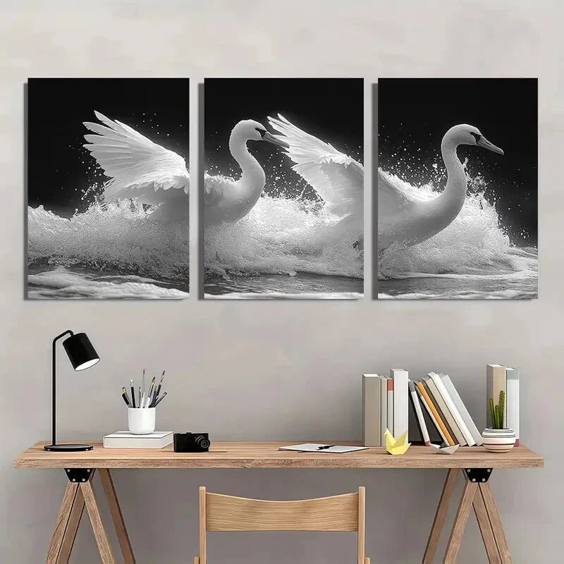 3pcs Black and White Swans White Wings Metal Print Ready to Hang Art