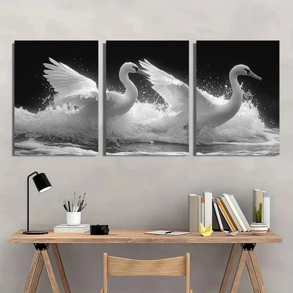 3pcs Black and White Swans White Wings Metal Print Ready to Hang Art
