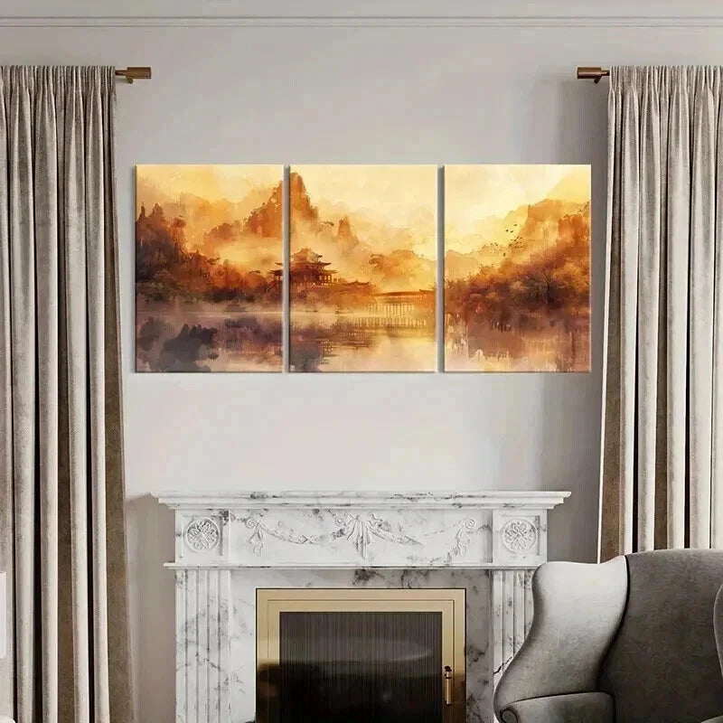 3pcs Chinese Traditional Yellowish Decor Metal Print Ready to Hang Art