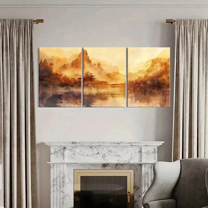 3pcs Chinese Traditional Yellowish Decor Metal Print Ready to Hang Art