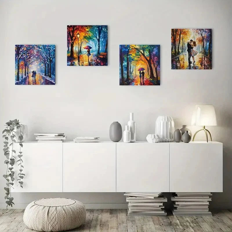 4pcs Watercolor Rainbow Trees Scenery Wall Art Canvas Framed