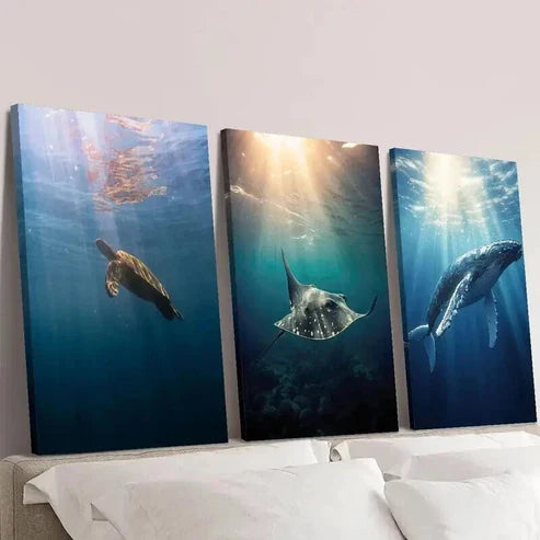 3pcs Turtle Devil Fish Blue Whale Illumination Wall Art Canvas Unframed - High Quality Print 100% Australian Made Wall Canvas