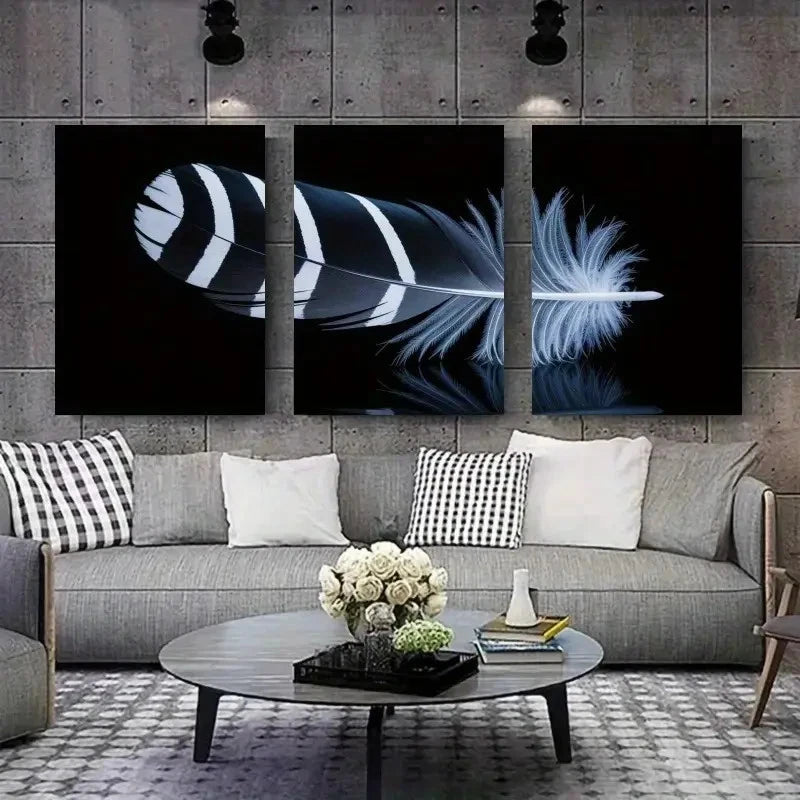 3pcs Minimalist Black & White Feather Design Metal Print Ready to Hang Art