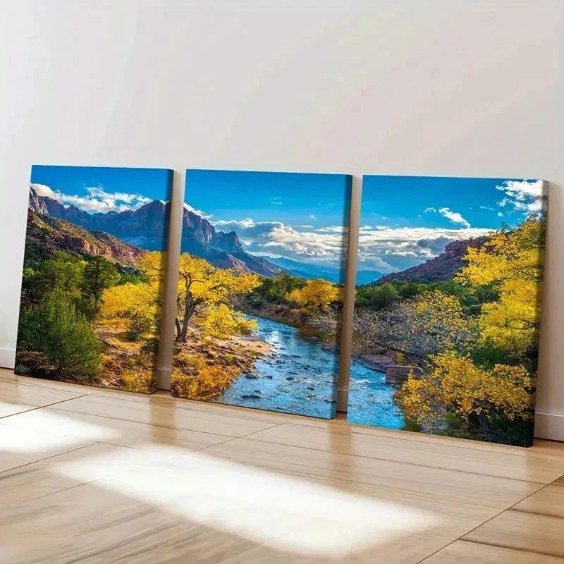 3pcs Mountains Forest and River Modern  Wall Art Set Canvas Framed 40x60cm - High Quality Print 100% Australian Made Wall Canvas Ready to Hang