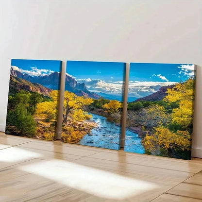 3pcs Mountains Forest and River Modern  Wall Art Set Canvas Framed 40x60cm - High Quality Print 100% Australian Made Wall Canvas Ready to Hang