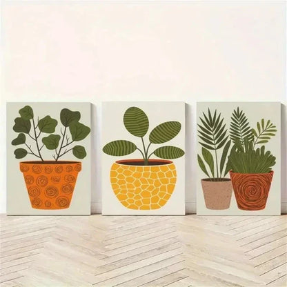3pcs Green Leaves in Orange, Yellow & Brown Pot Wall Art Canvas Unframed - High Quality Print 100% Australian Made Wall Canvas
