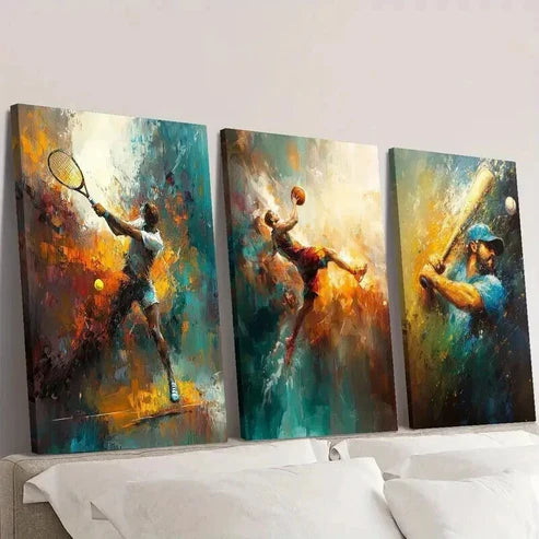 3pcs Tennis Basketball Baseball Player in Motion Wall Art Canvas Unframed - High Quality Print 100% Australian Made Wall Canvas