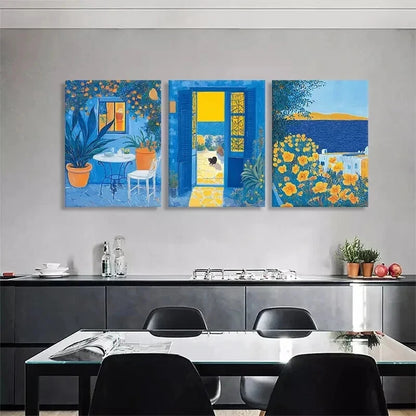 3pcs Mediterranean Blue Yellow Garden Perfect Wall Art Set Canvas Framed 40x60cm - High Quality Print 100% Australian Made Wall Canvas Ready to Hang
