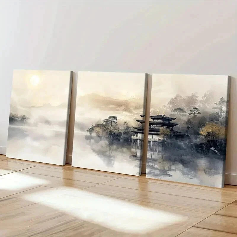 3pcs Chinese Landscape & Mountain Scenery Wall Art Set Canvas Framed 40x60cm - High Quality Print 100% Australian Made Wall Canvas Ready to Hang