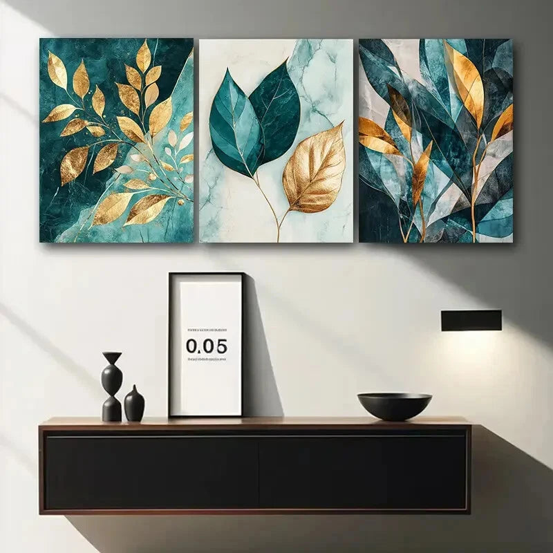 3pcs Teal and Golden Leaf Painting Metal Print Ready to Hang Art