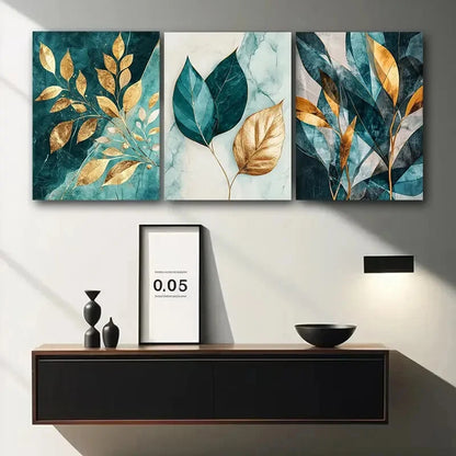 3pcs Teal and Golden Leaf Painting Metal Print Ready to Hang Art